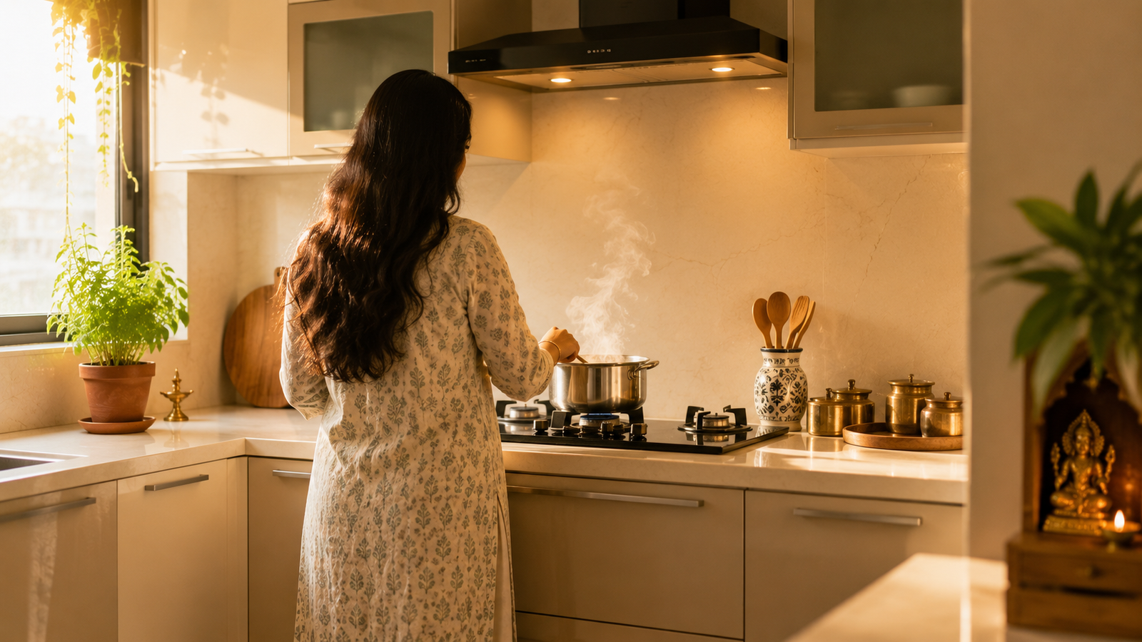 Indian kitchen with warm cooking energy showing common Vastu mistakes