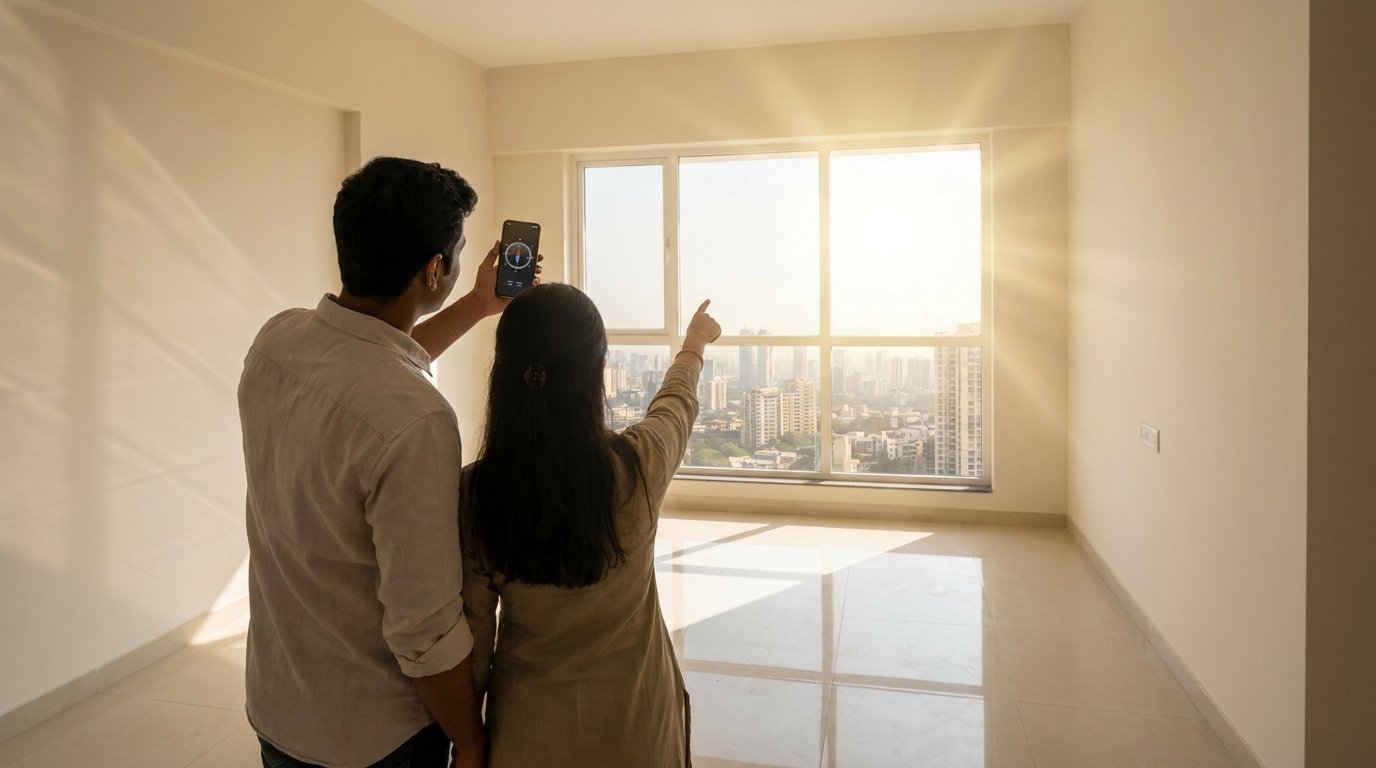 Couple checking Vastu of a new flat with compass before buying