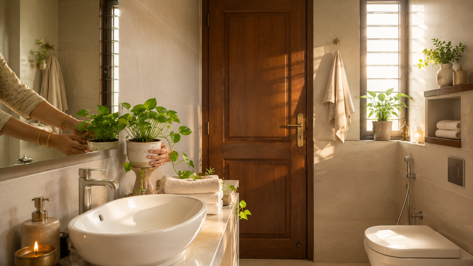 Clean Vastu-aligned bathroom with plant showing proper placement principles