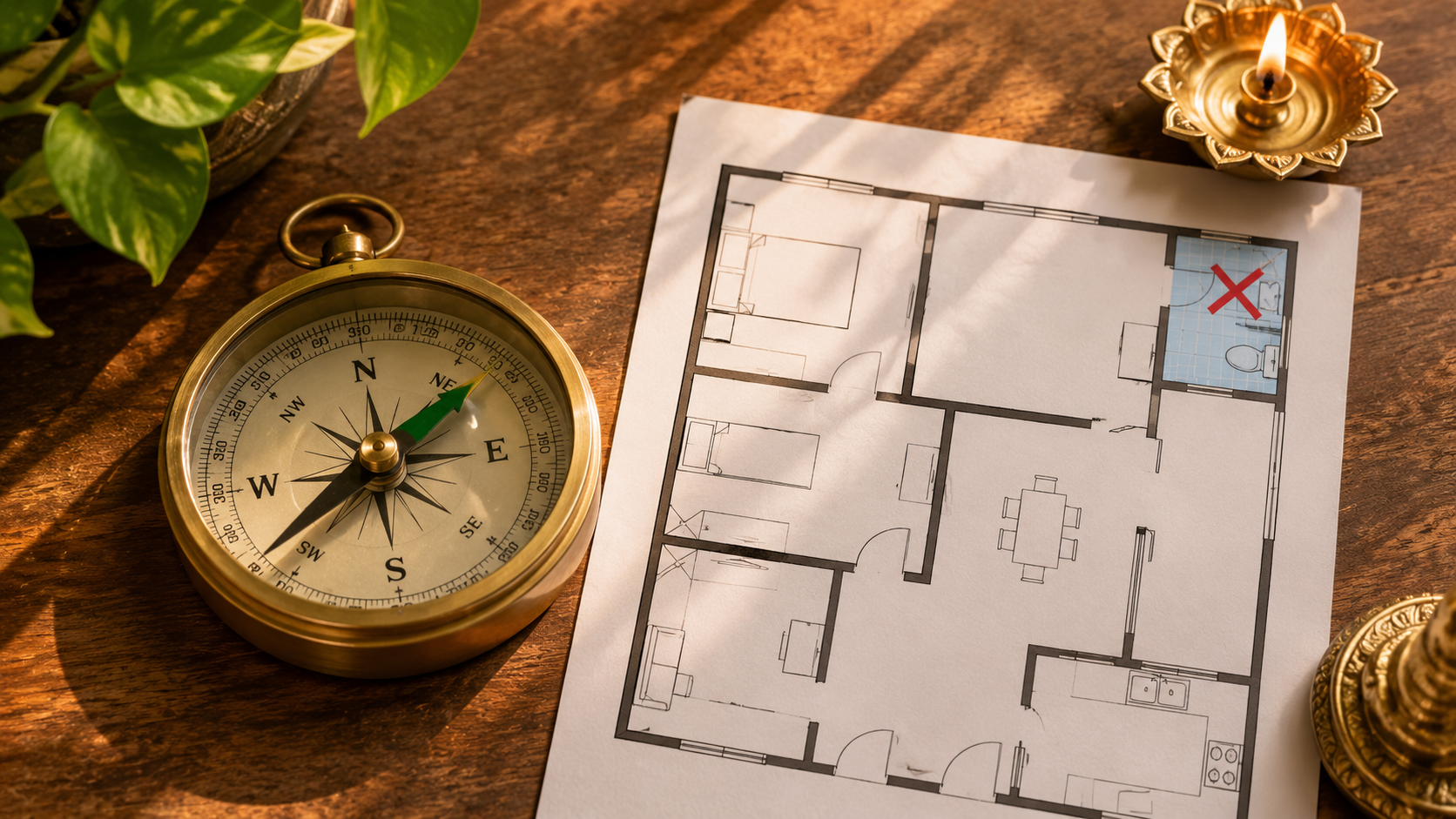 Compass showing North-East direction to avoid for bathroom placement per Vastu
