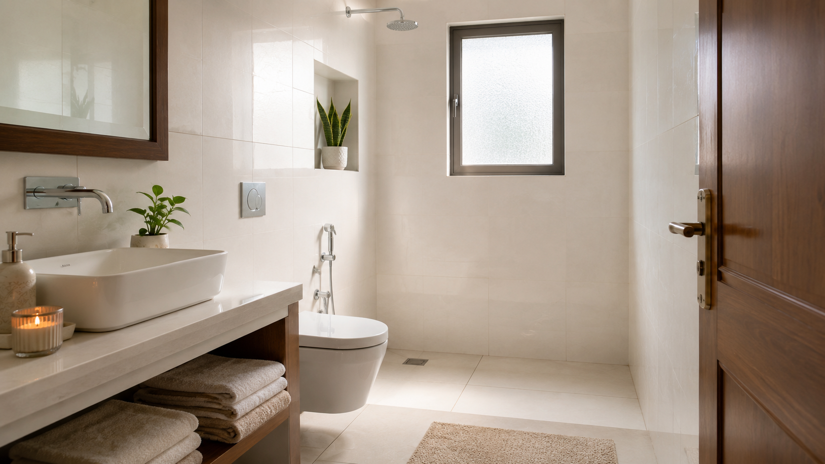Bright bathroom in North-West direction showing ideal Vastu placement
