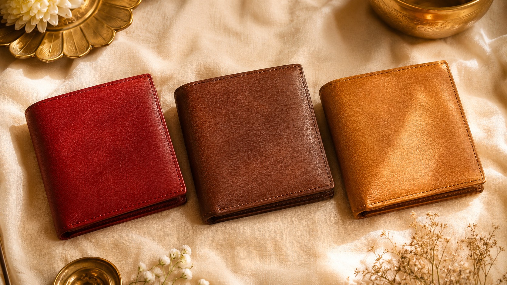Red, brown and golden wallets showing the best Vastu colors to attract money