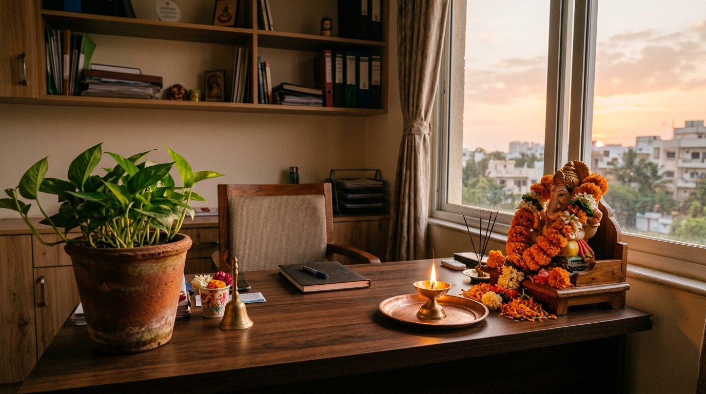 Morning diya and rituals at Vastu-aligned business for prosperity