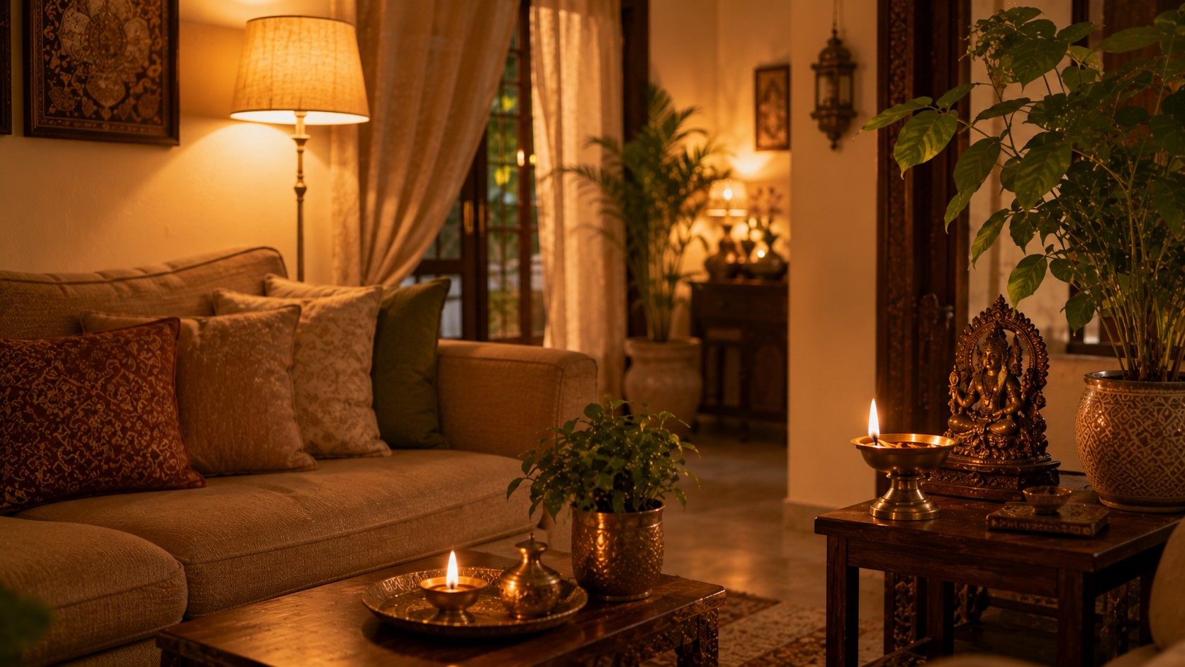 Peaceful Vastu-cleared living room with warm evening calm