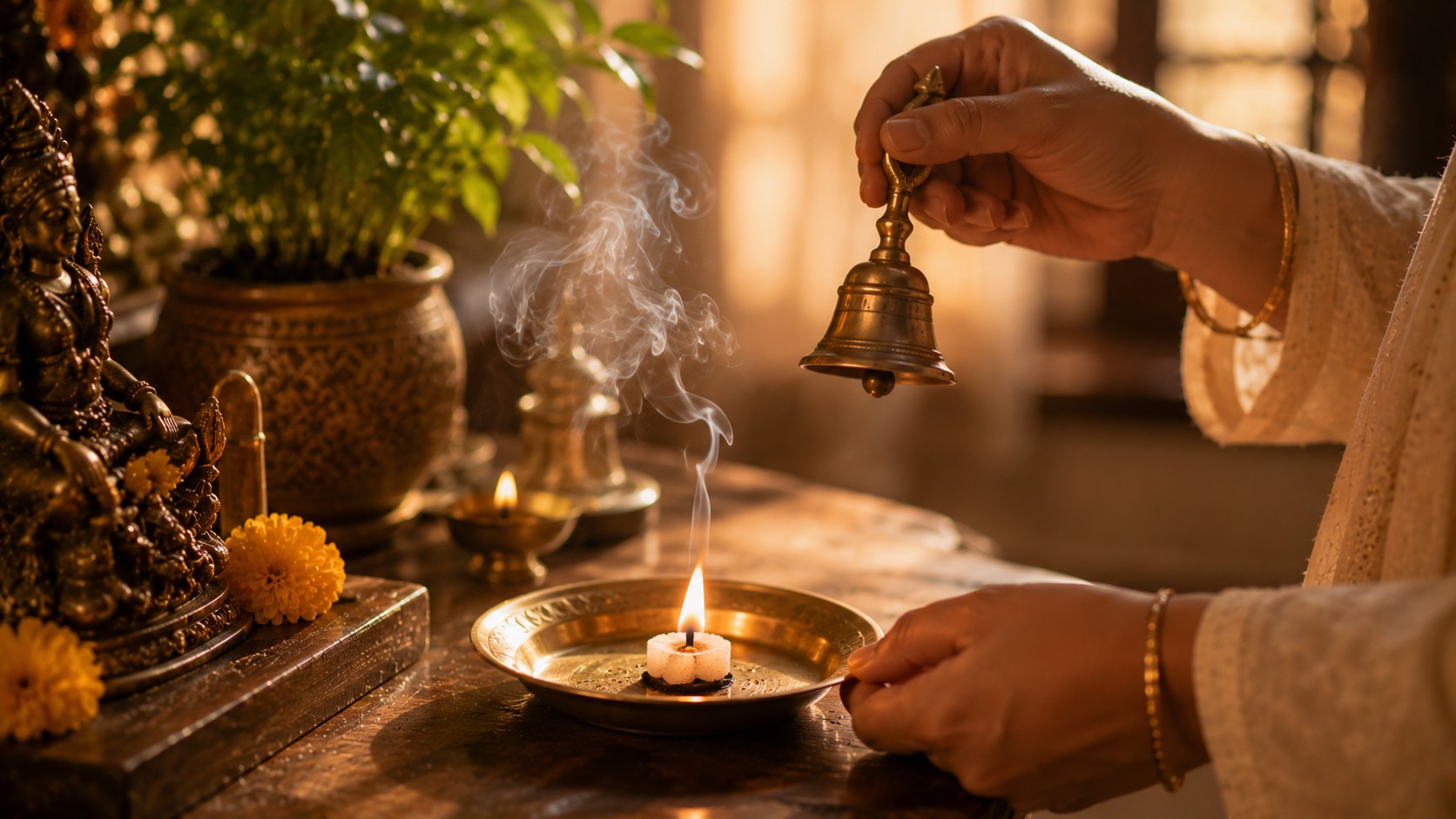Camphor smoke and bell cleansing Indian home as per Vastu