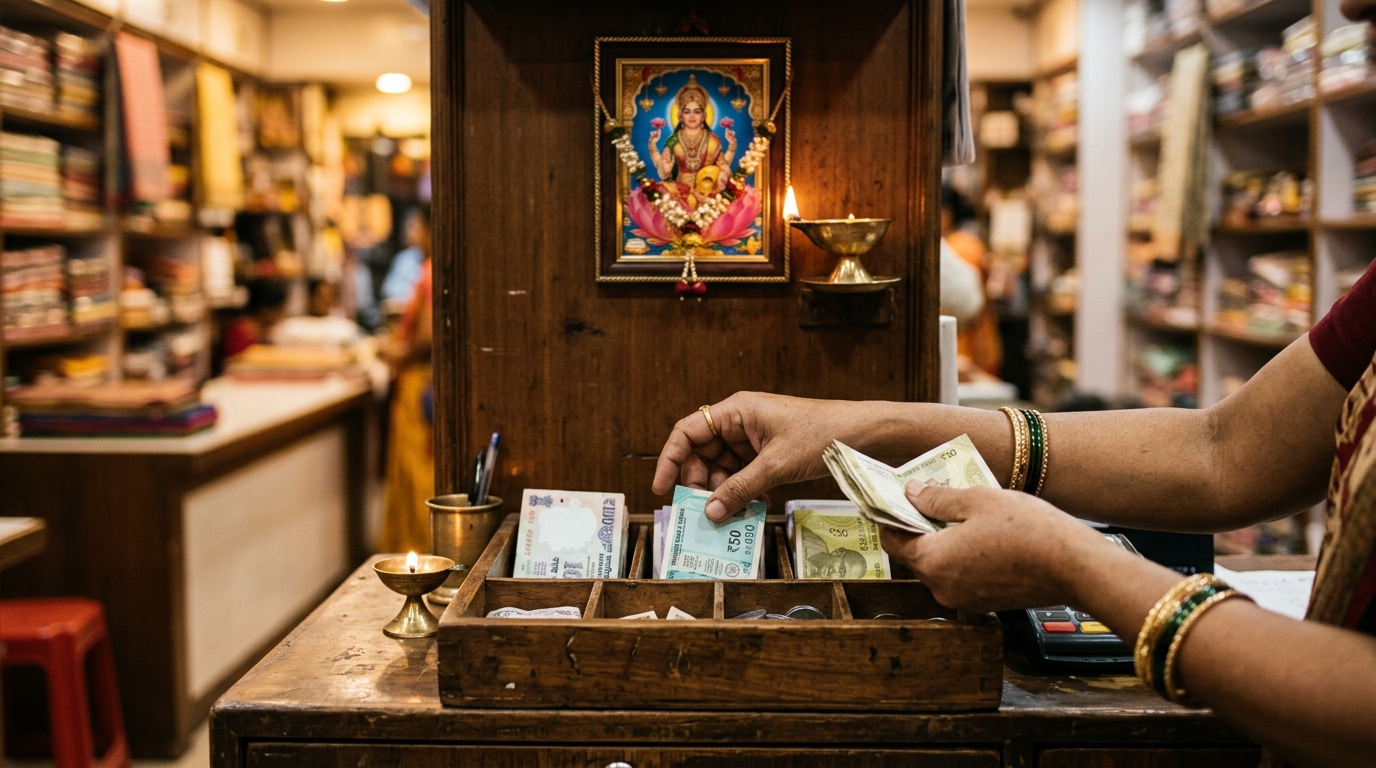 Organized cash counter with Lakshmi image following Vastu