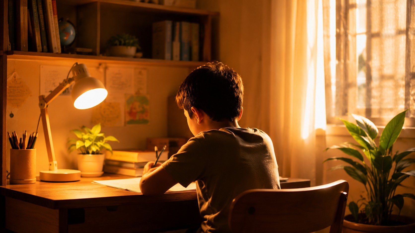Child focused on studying in Vastu-aligned study corner at golden hour
