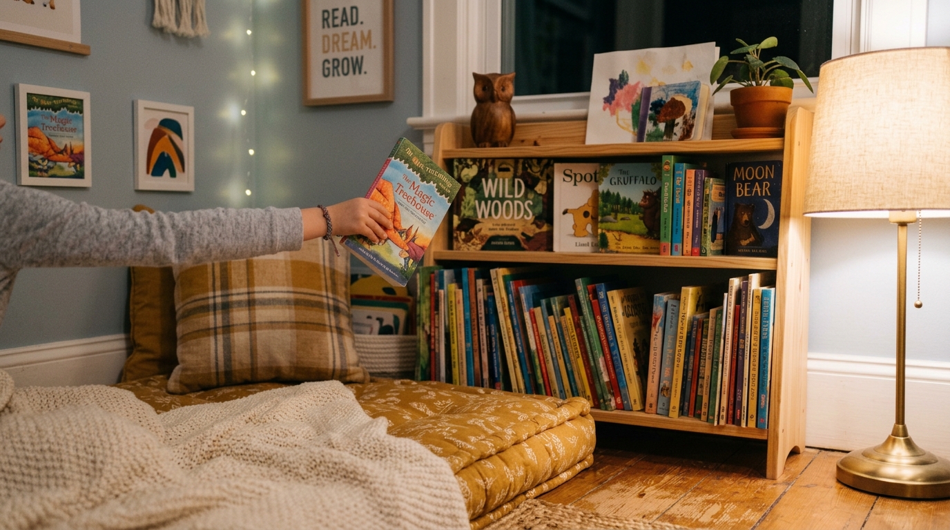 Cozy reading corner in a child's Vastu bedroom for lifelong learning