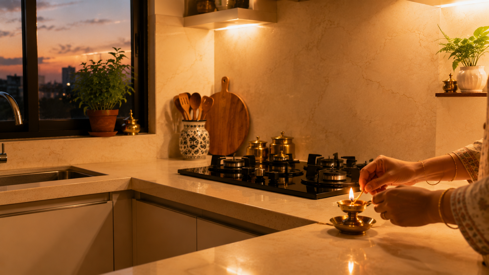 Clean evening kitchen with lit diya following Vastu daily ritual