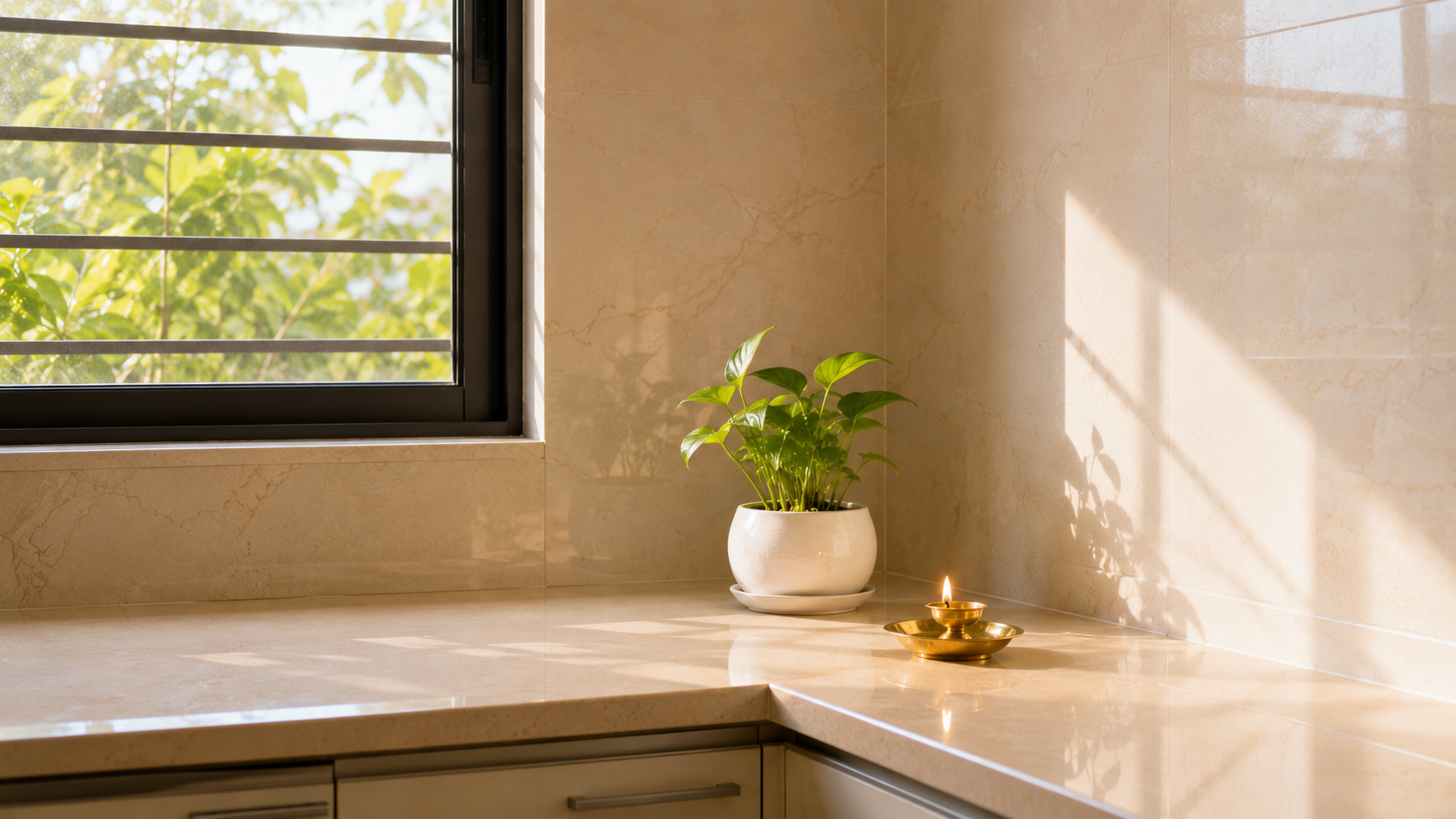 Decluttered North-East kitchen corner with diya and plant per Vastu