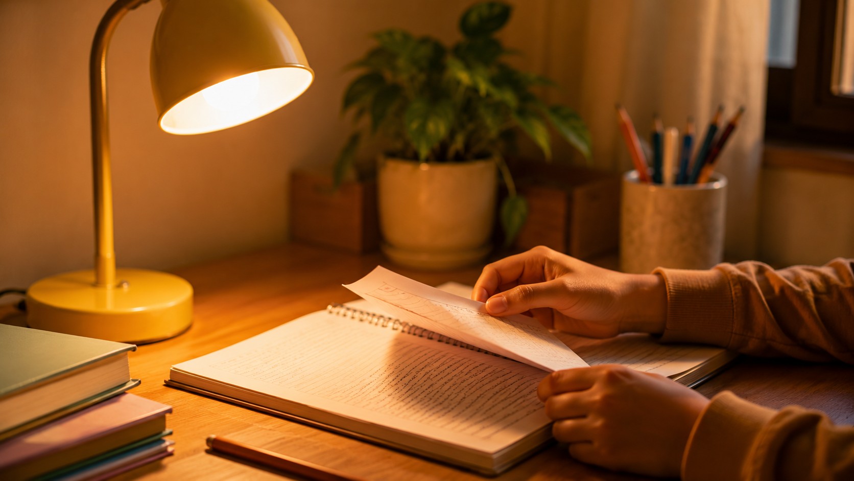 Warm desk lamp on study desk as per Vastu for better focus and clarity