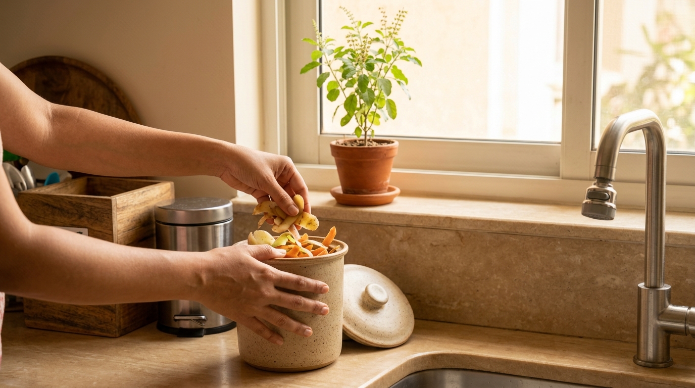 Sustainable composting and water management in a Vastu Indian kitchen
