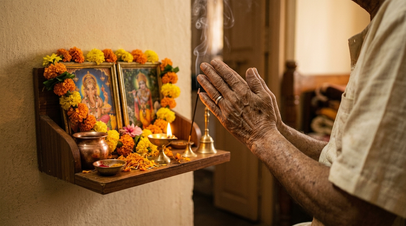 Sacred pooja corner in senior citizen room for daily devotion