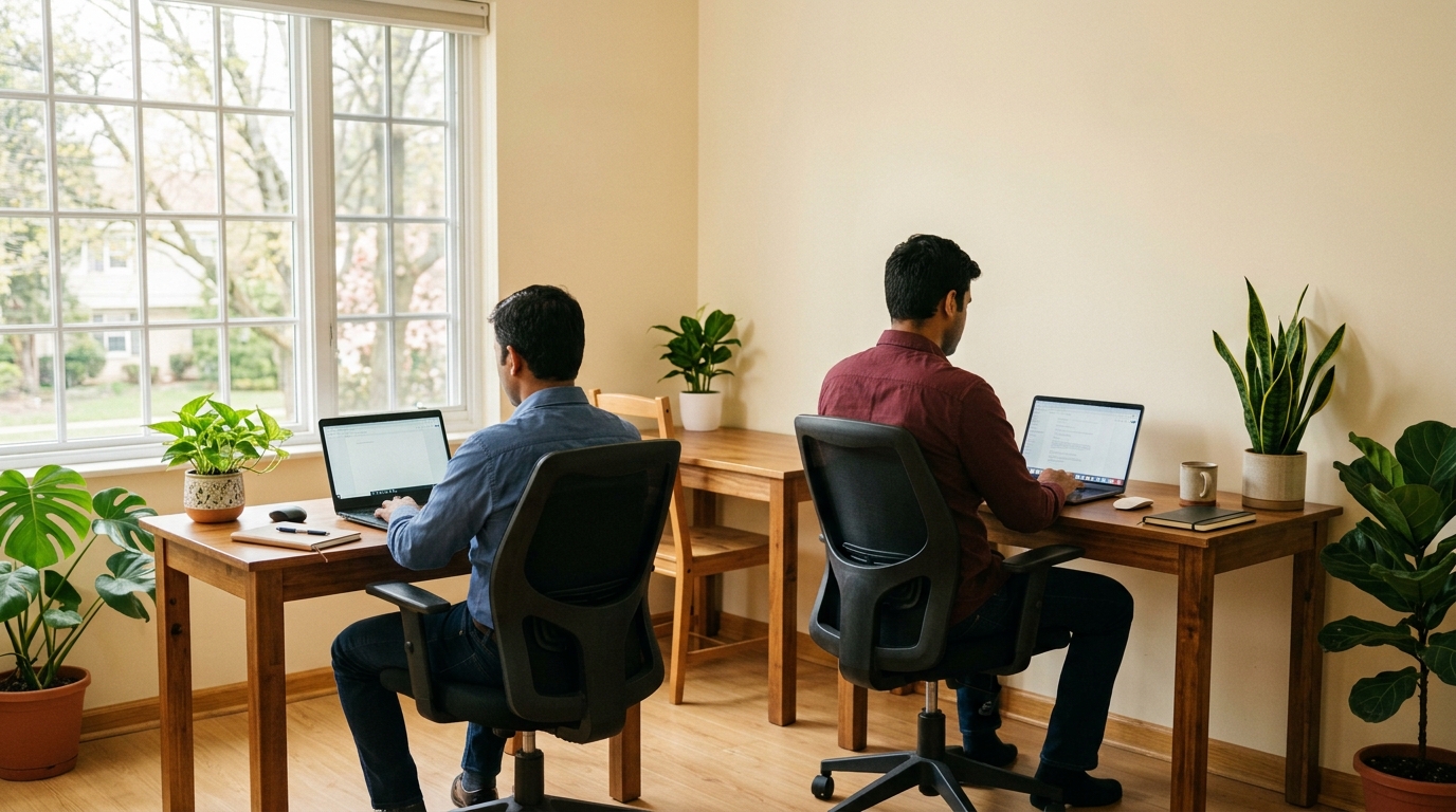 Employees seated facing correct Vastu directions in Indian office
