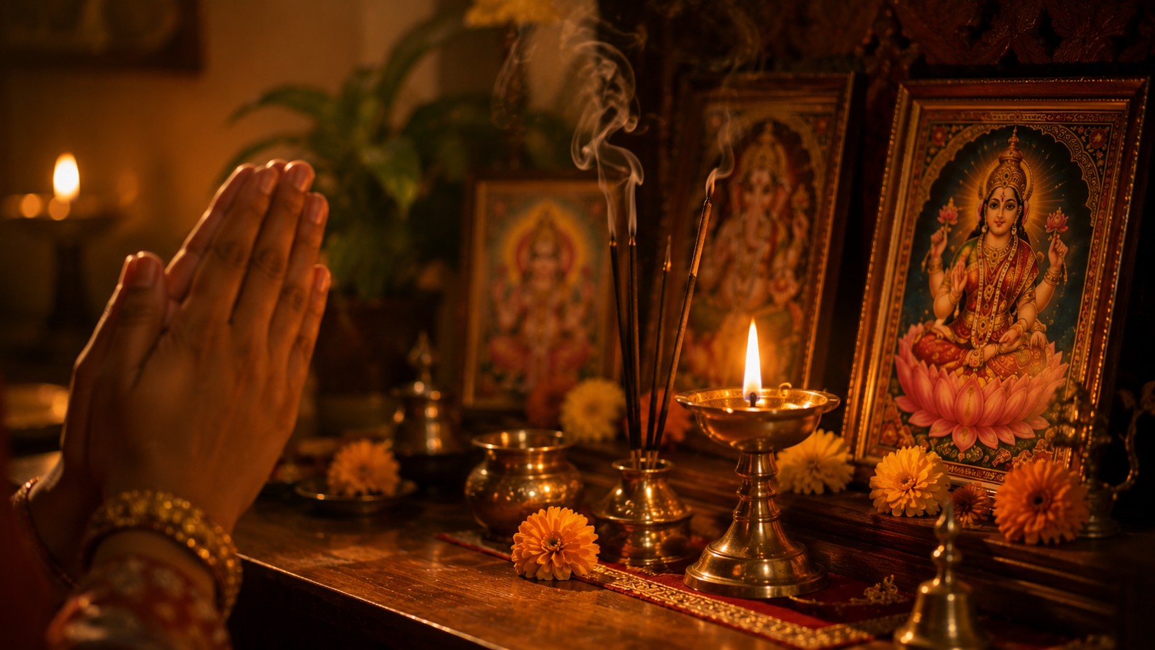 Evening diya and namaste at sacred Vastu pooja space