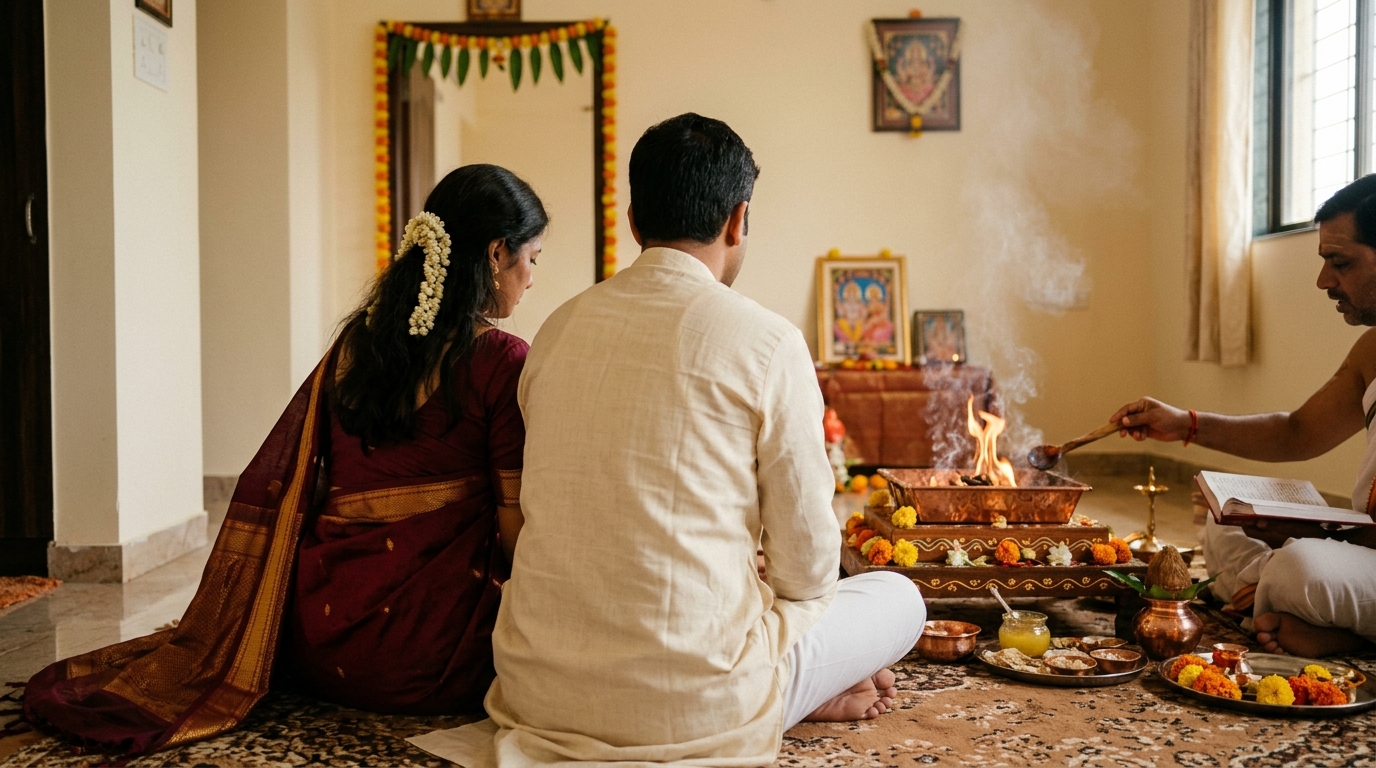 Family performing havan during Griha Pravesh as per Vastu tradition