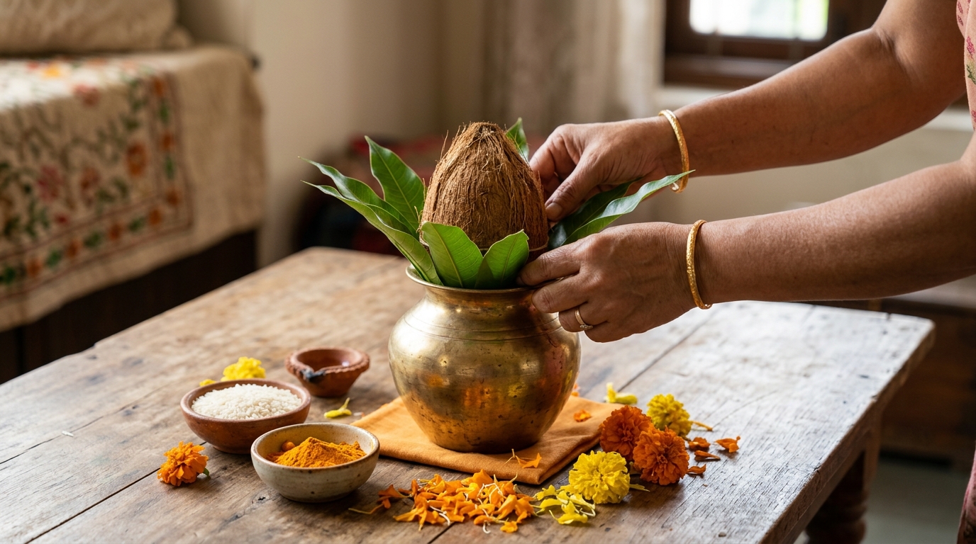 Hands arranging kalash and Griha Pravesh essentials for ceremony