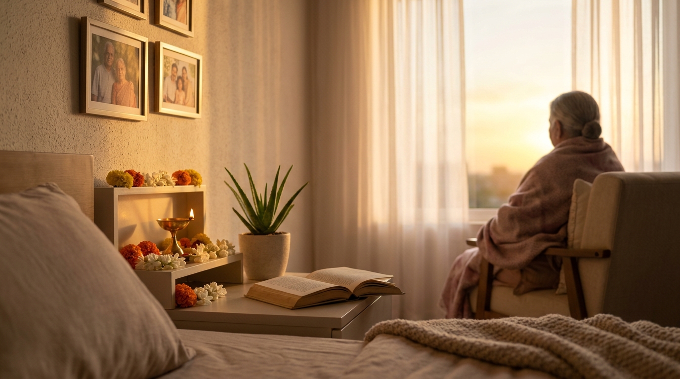 Beautifully honored elder room at golden hour reflecting Vastu care