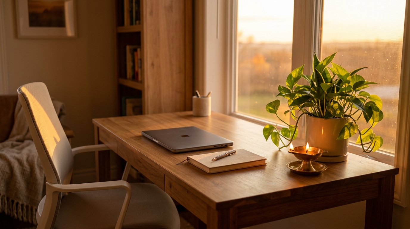 Well-set-up Vastu-aligned home office for hybrid professionals