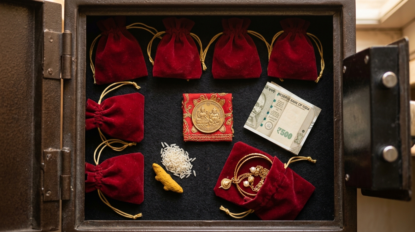 Organized Vastu locker with Lakshmi-Kubera coin and seed note