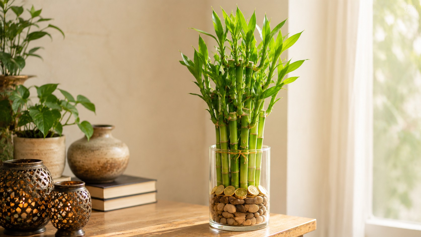 Lucky bamboo stalks in a glass vase with coins as per Vastu for wealth