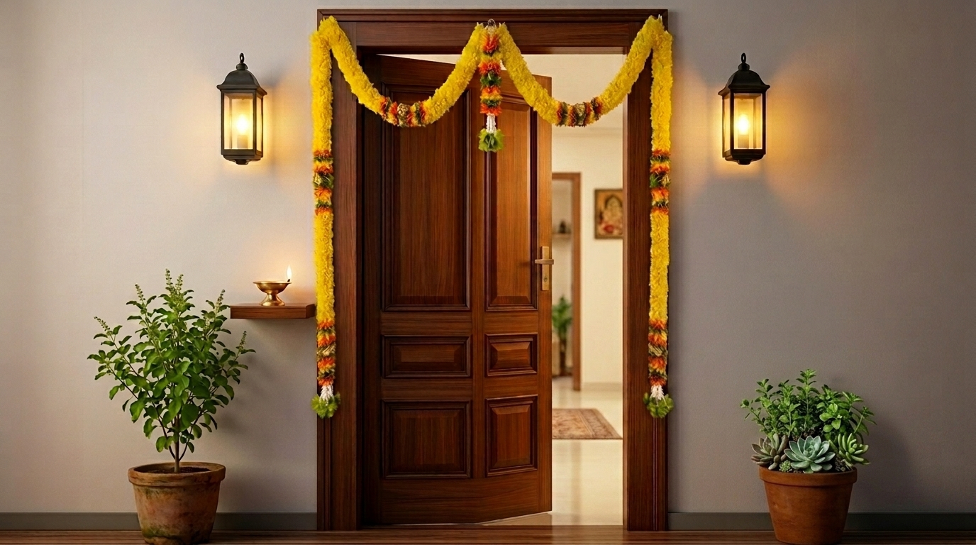 Warm welcoming main door at evening symbolizing Vastu care