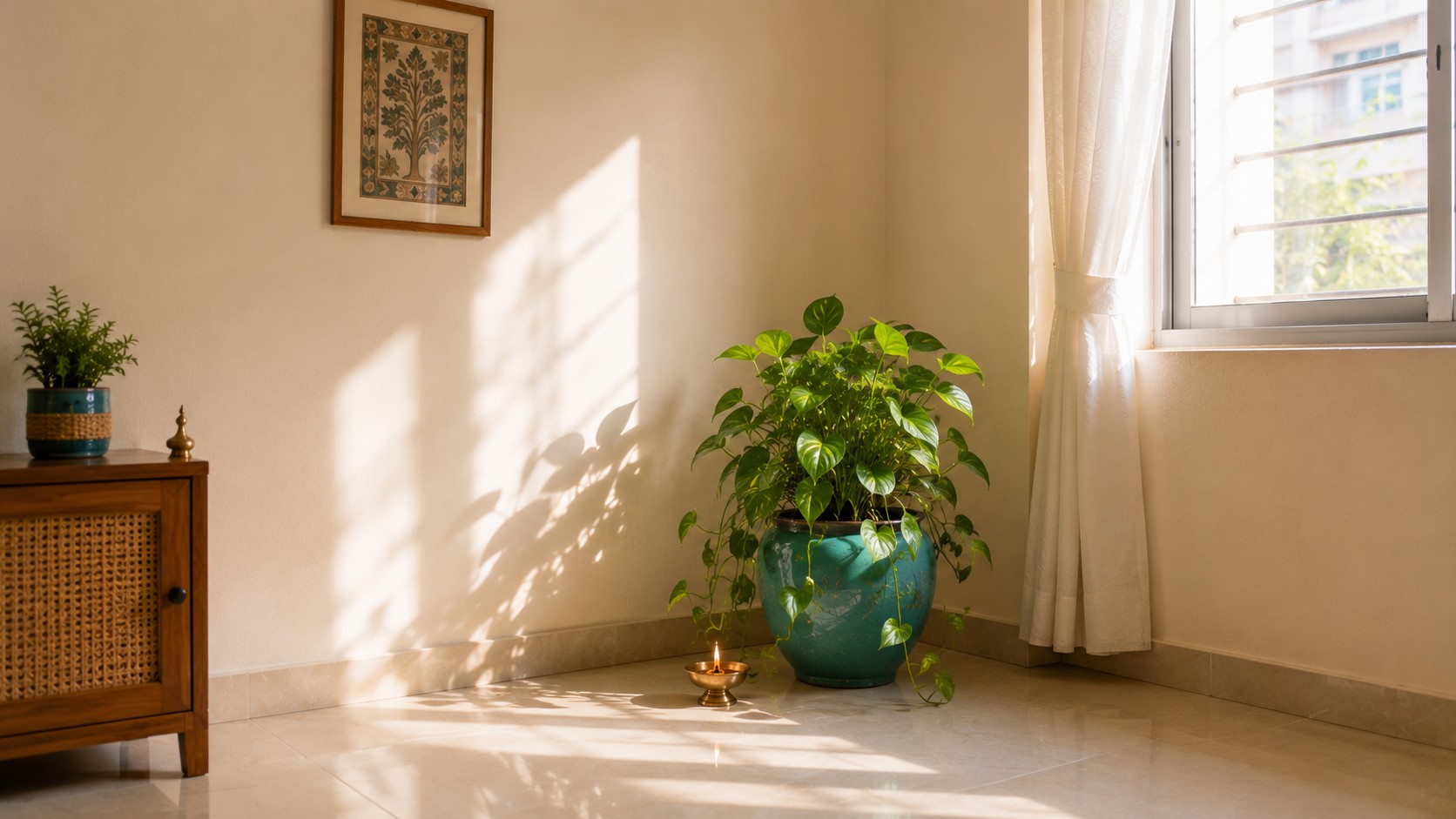 Activated North corner with money plant in a small Indian rental flat