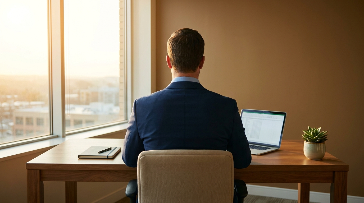Business owner seated in Vastu command position facing North