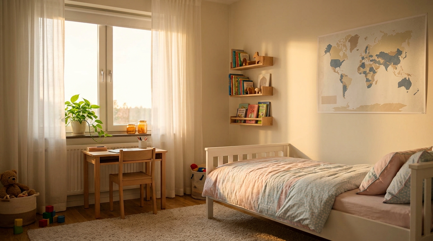 Peaceful Vastu-aligned children's bedroom at golden hour