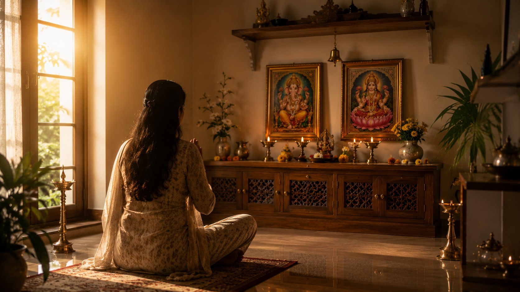 Person praying while facing East as per Vastu pooja rules