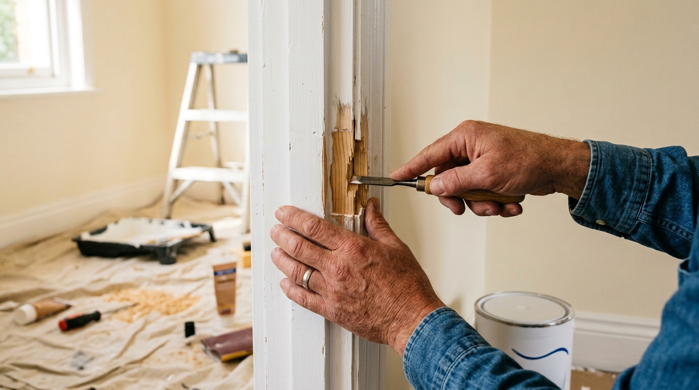Fixing broken door frame during Vastu-guided home renovation