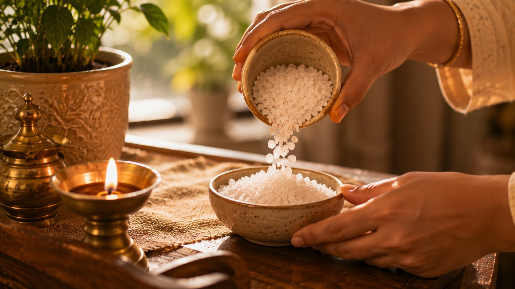 Rock salt bowl being prepared as Vastu remedy for negative energy