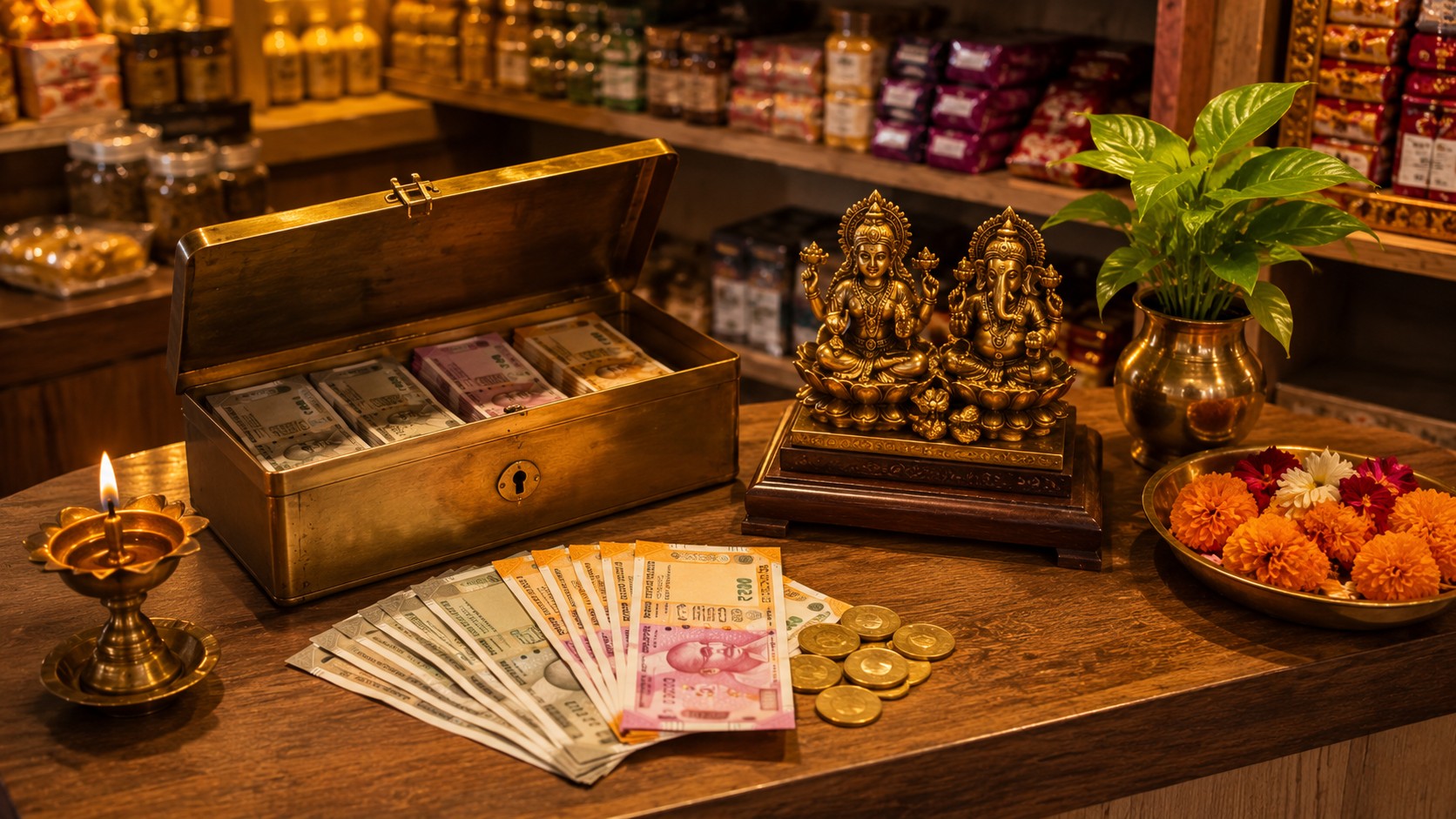 Shop cash counter with Lakshmi idol as per Vastu to attract wealth in business