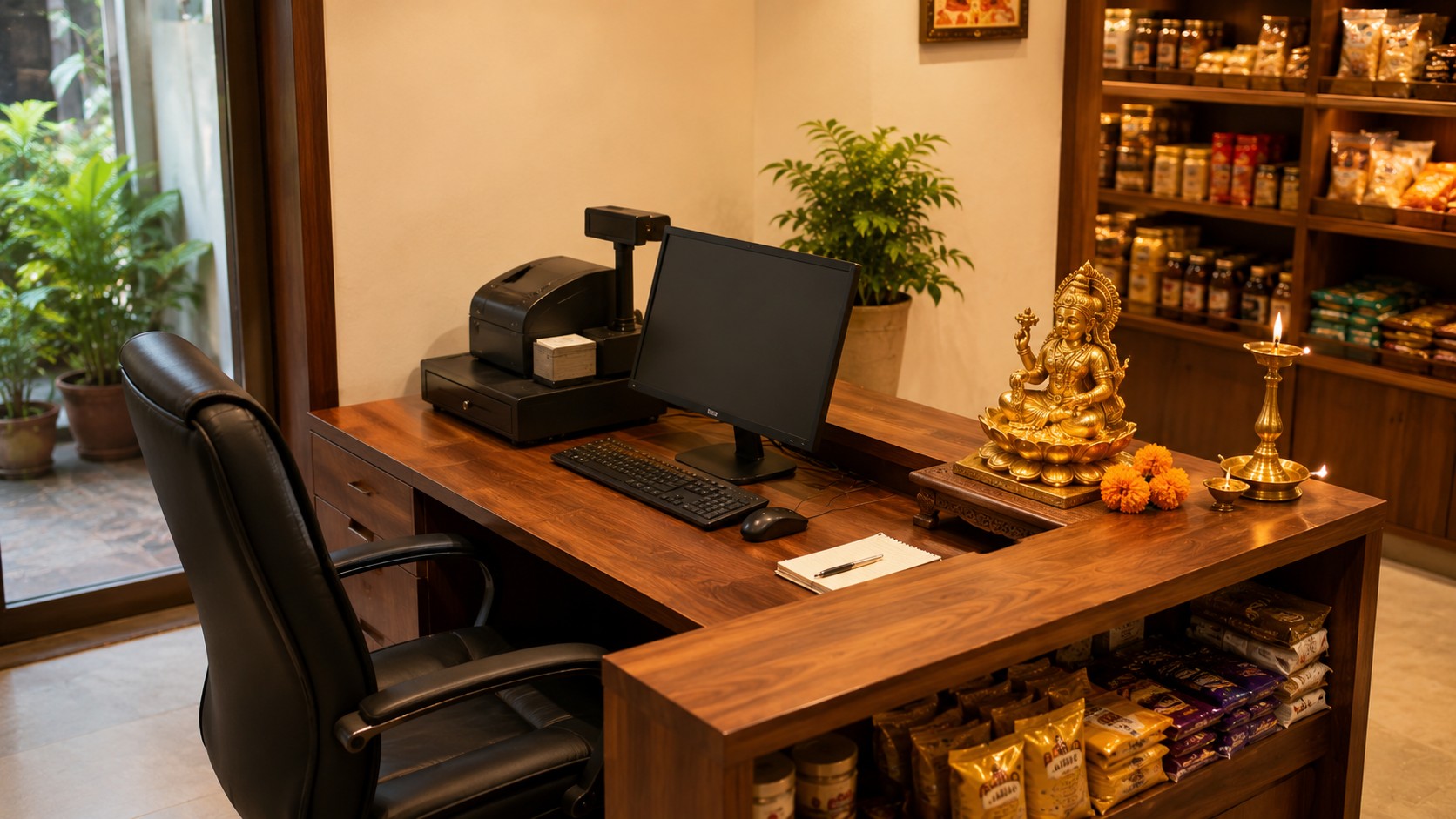 Shop owner billing counter in the Vastu command position for business growth