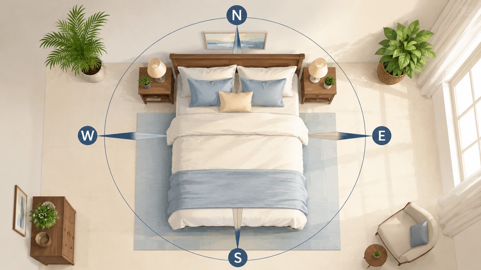 Vastu sleeping direction guide showing best head positions around a bed