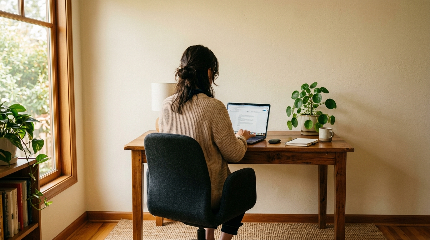 Home office with solid wall behind chair as per Vastu command position