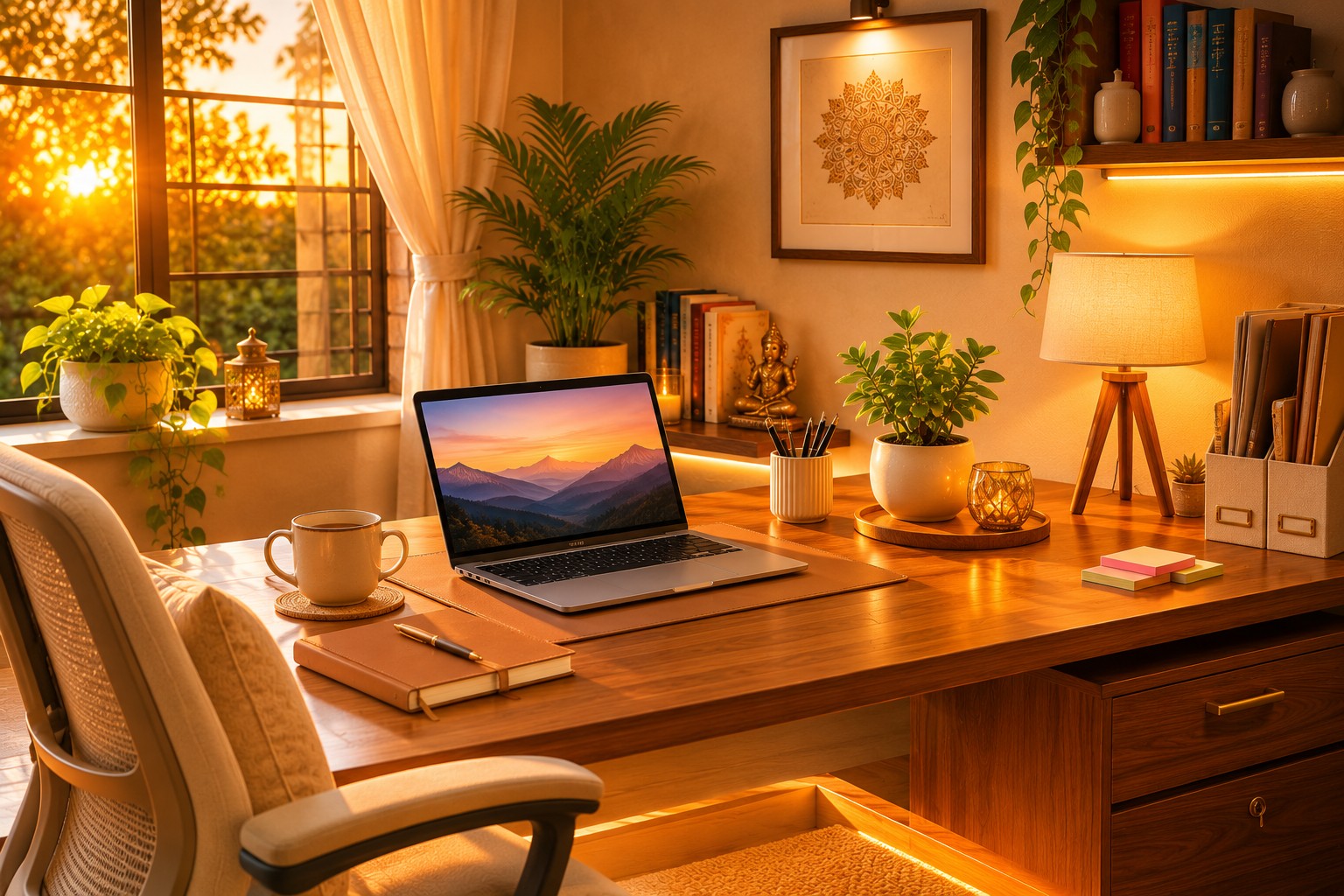 Tidy harmonious Vastu home office symbolizing calm productive work-from-home