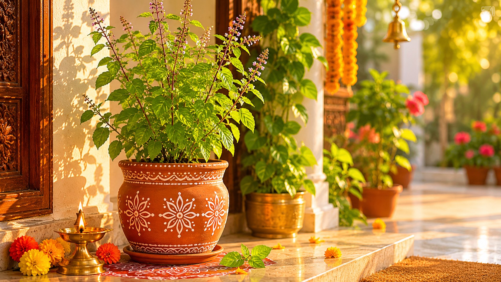 Sacred Tulsi plant with a diya near the entrance for Vastu prosperity
