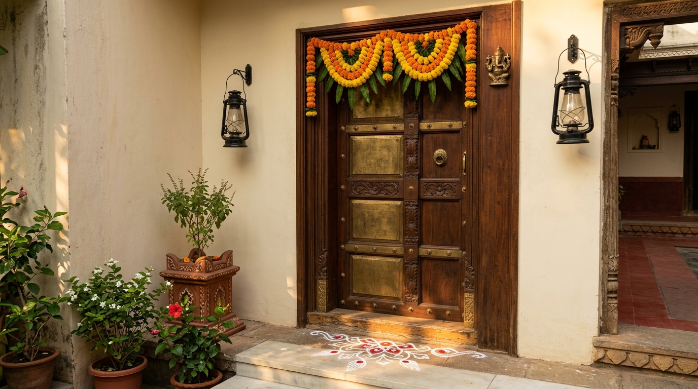 Well-preserved main door and threshold protected during renovation