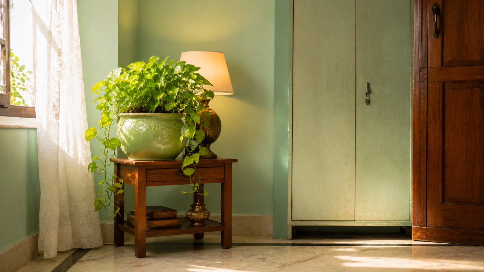 Clean North corner with a money plant and lamp following Vastu tips to attract money
