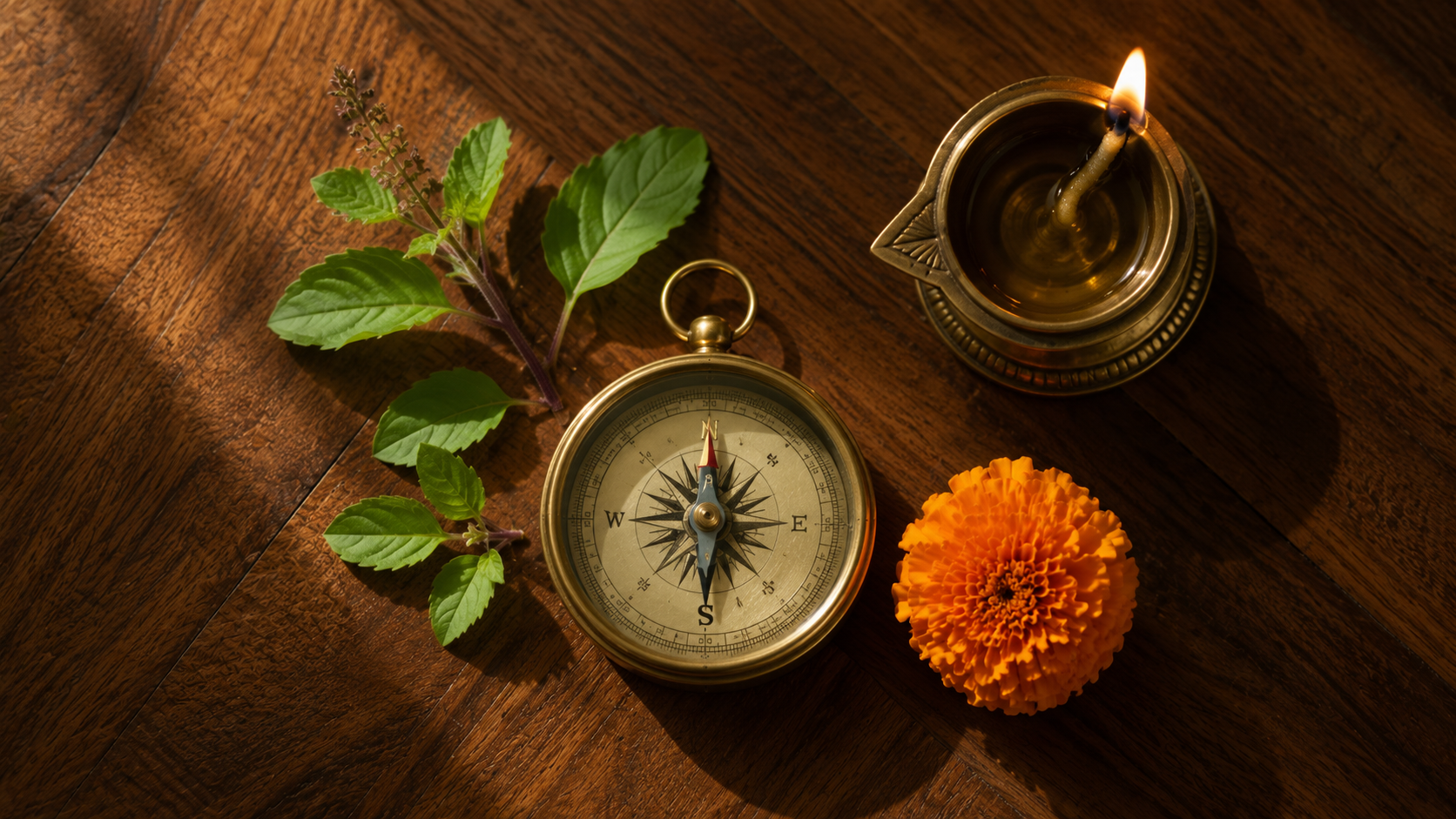 Brass compass pointing North on a wooden floor, showing the Vastu wealth direction