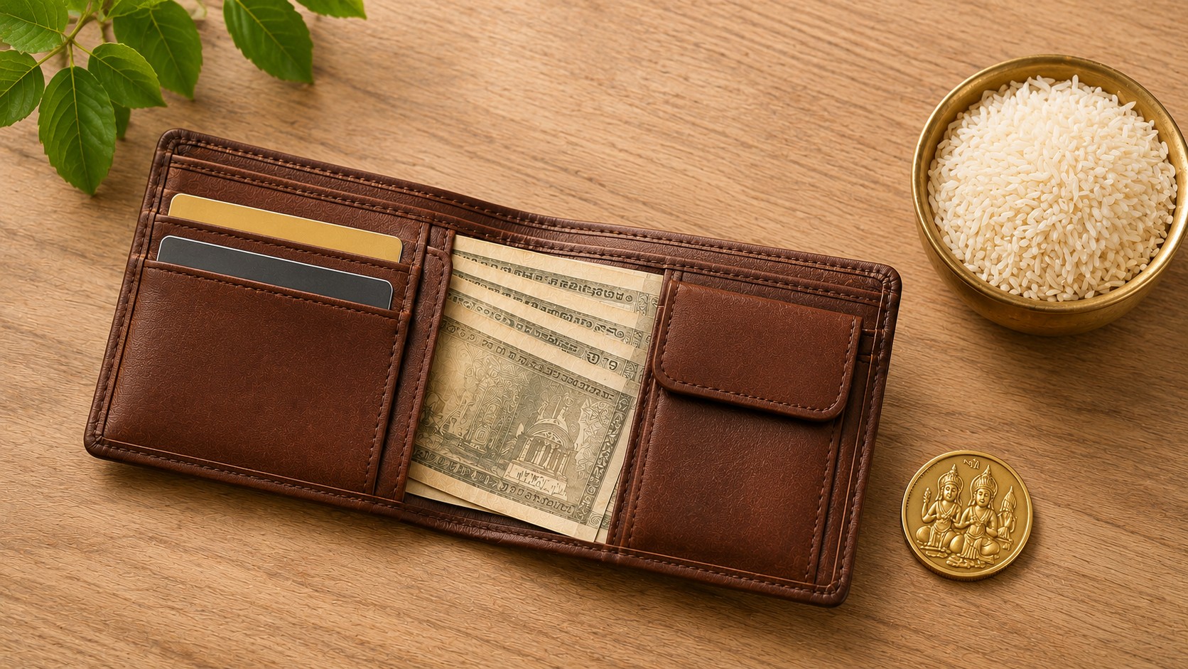 Clean wallet with crisp notes and rice grains following Vastu wallet reset for wealth