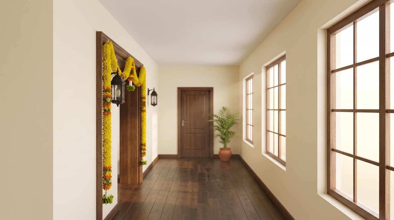 Clean welcoming corridor outside main door as per Vastu