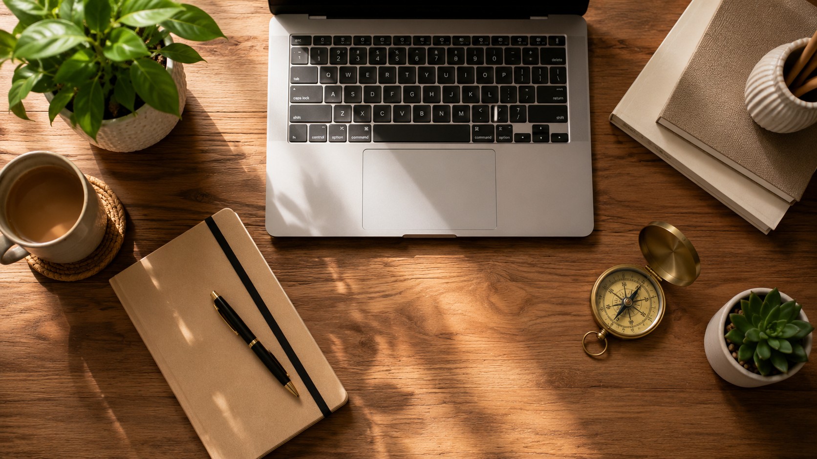Tidy work desk with a compass showing Vastu direction for productivity