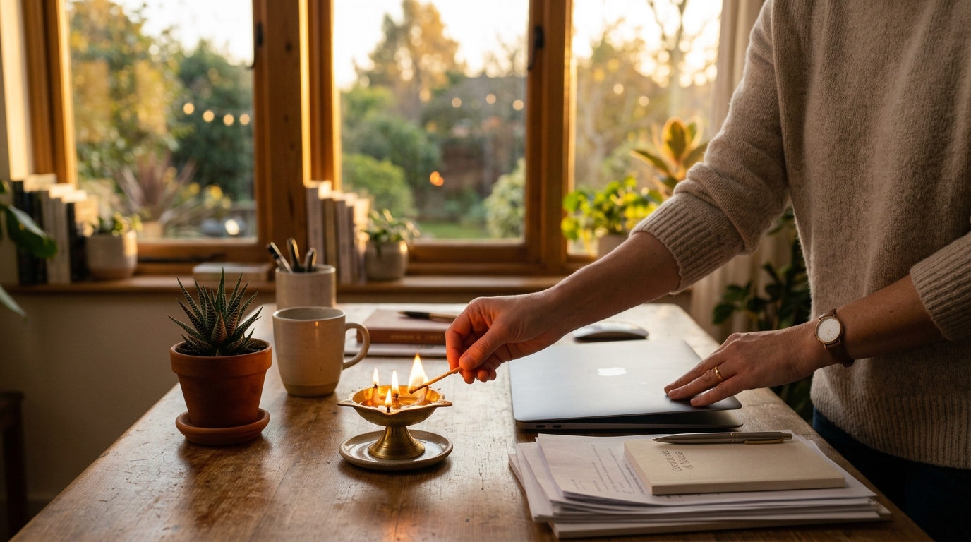 End-of-day diya ritual creating work-life boundary as per Vastu