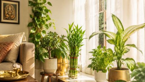 Indoor Vastu plants that attract wealth in a sunlit Indian living room corner