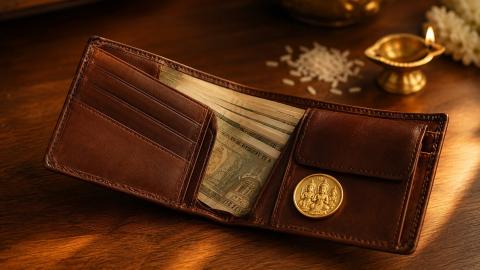 Brown Vastu wallet with neatly arranged rupee notes and a Lakshmi coin to attract money