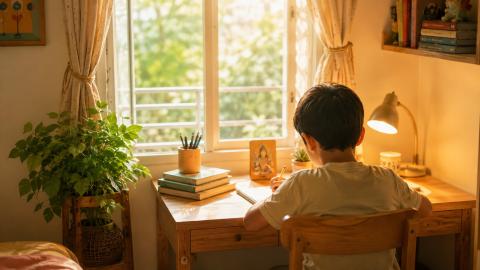 Child studying at a Vastu-aligned desk facing East for better focus