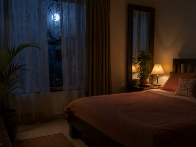 Calm night bedroom showing mirror placement as per Vastu for better sleep