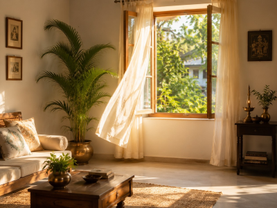 Peaceful Vastu home interior promoting health and wellbeing with natural light